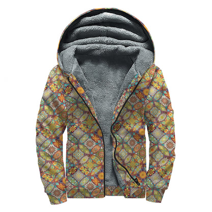 Ethnic Mandala Patchwork Pattern Print Sherpa Lined Zip Up Hoodie