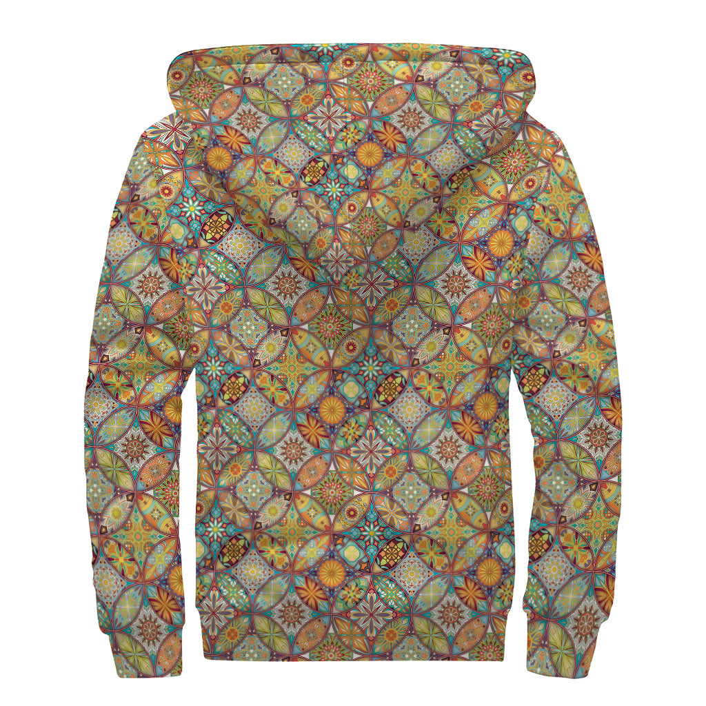 Ethnic Mandala Patchwork Pattern Print Sherpa Lined Zip Up Hoodie