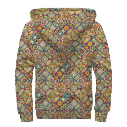 Ethnic Mandala Patchwork Pattern Print Sherpa Lined Zip Up Hoodie