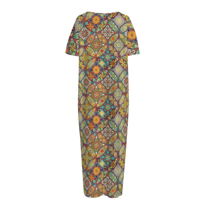 Ethnic Mandala Patchwork Pattern Print Short Sleeve Long Nightdress