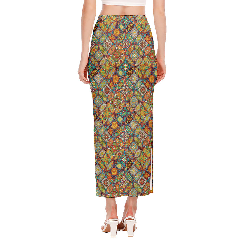 Ethnic Mandala Patchwork Pattern Print Side Slit Maxi Skirt