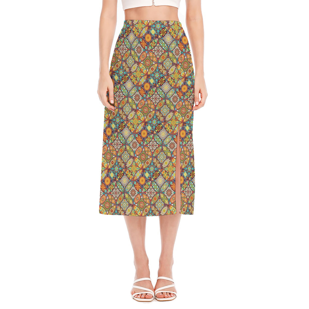 Ethnic Mandala Patchwork Pattern Print Side Slit Midi Skirt