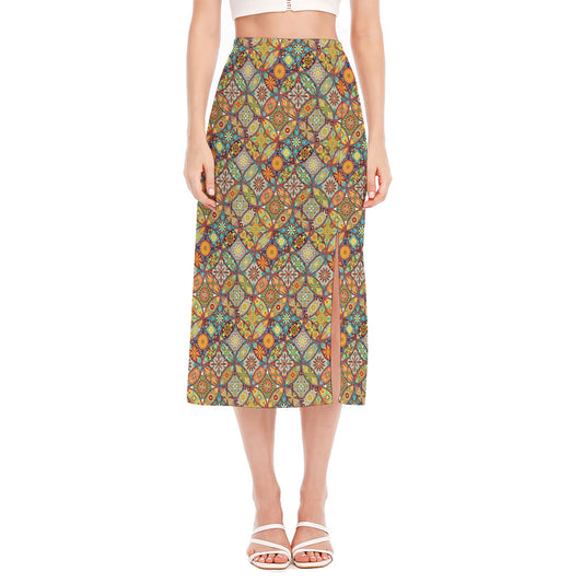 Ethnic Mandala Patchwork Pattern Print Side Slit Midi Skirt