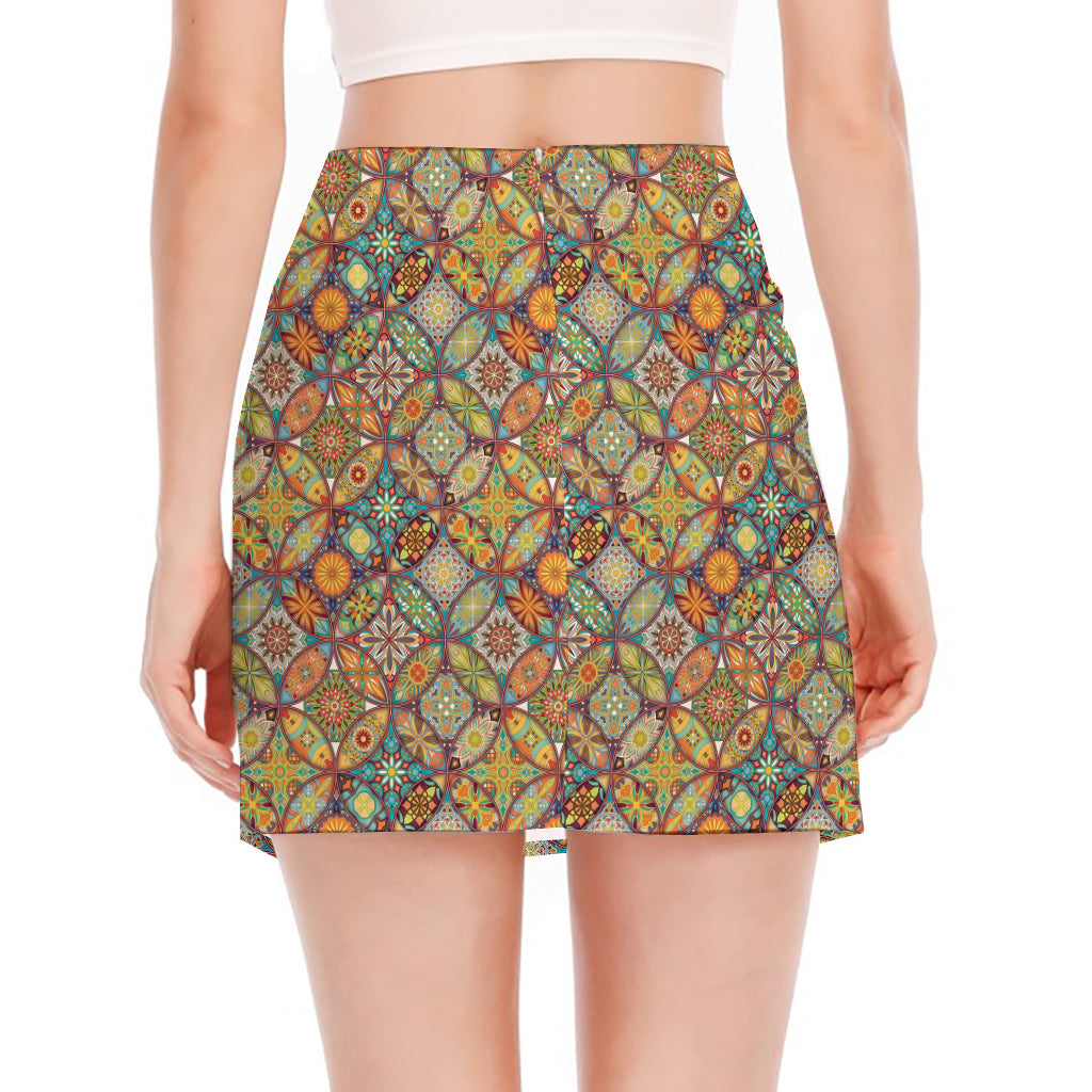 Ethnic Mandala Patchwork Pattern Print Side Slit Mini Skirt