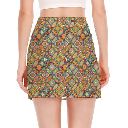 Ethnic Mandala Patchwork Pattern Print Side Slit Mini Skirt
