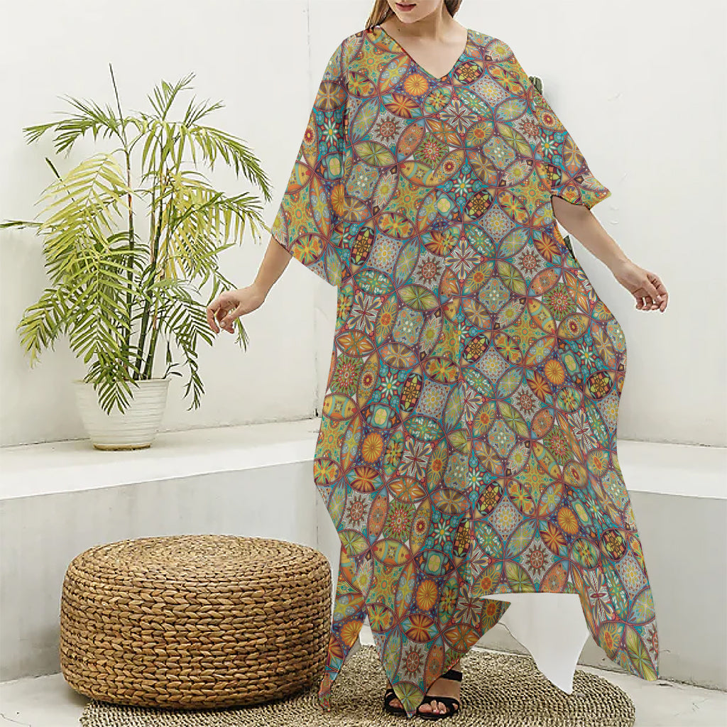 Ethnic Mandala Patchwork Pattern Print Silk V-Neck Kaftan Dress