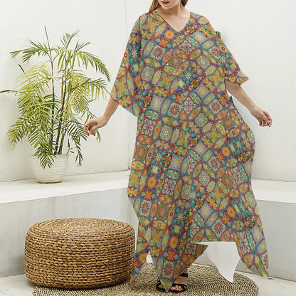 Ethnic Mandala Patchwork Pattern Print Silk V-Neck Kaftan Dress
