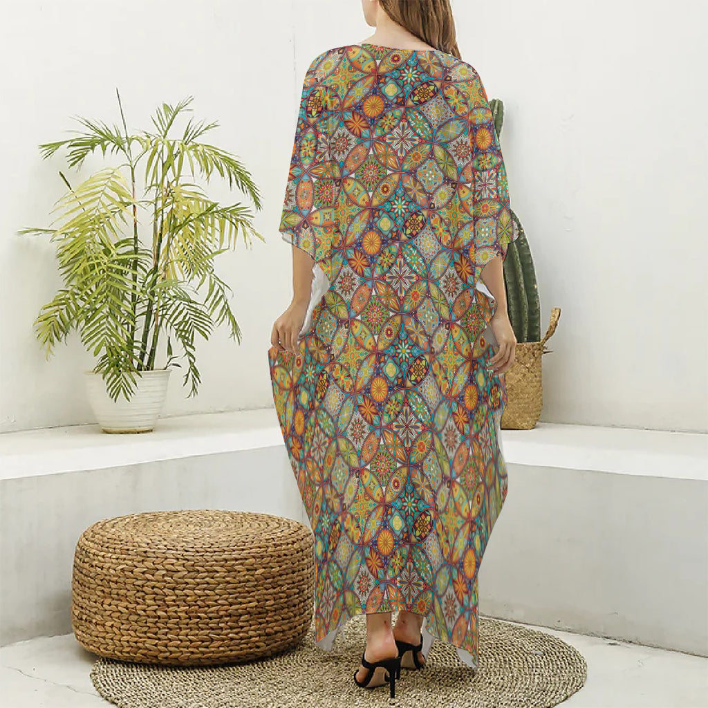 Ethnic Mandala Patchwork Pattern Print Silk V-Neck Kaftan Dress