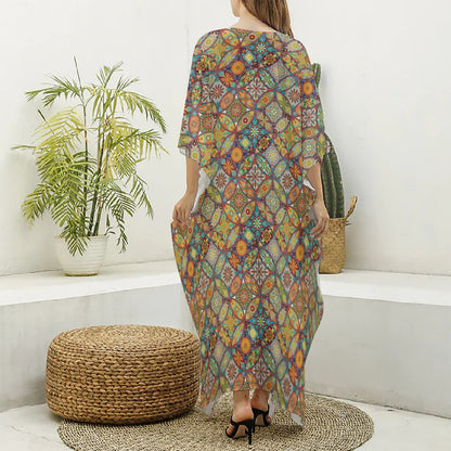 Ethnic Mandala Patchwork Pattern Print Silk V-Neck Kaftan Dress