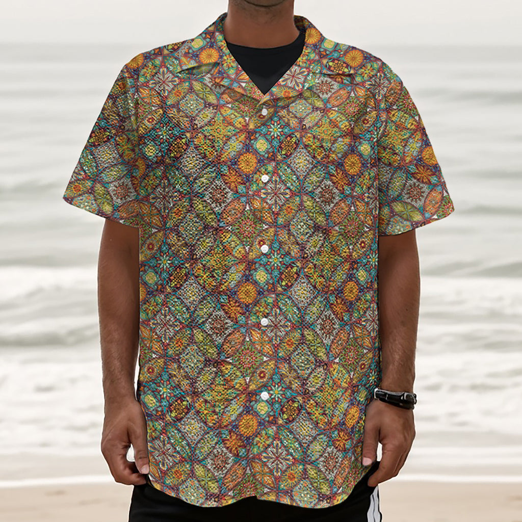 Ethnic Mandala Patchwork Pattern Print Textured Short Sleeve Shirt
