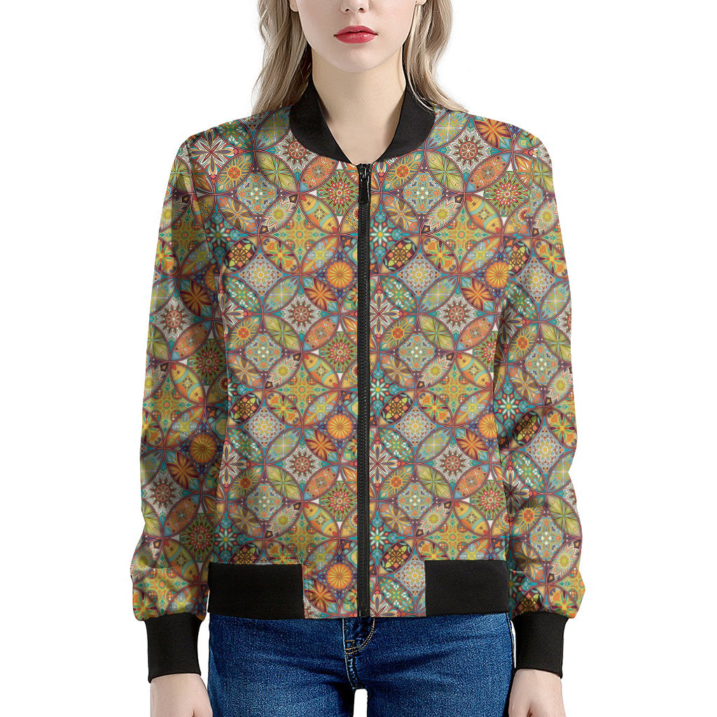 Ethnic Mandala Patchwork Pattern Print Women's Bomber Jacket