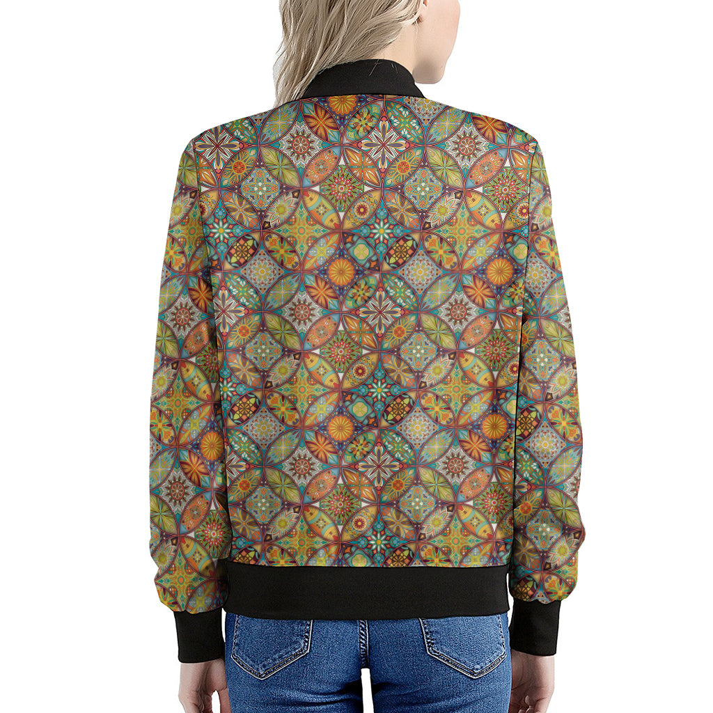 Ethnic Mandala Patchwork Pattern Print Women's Bomber Jacket