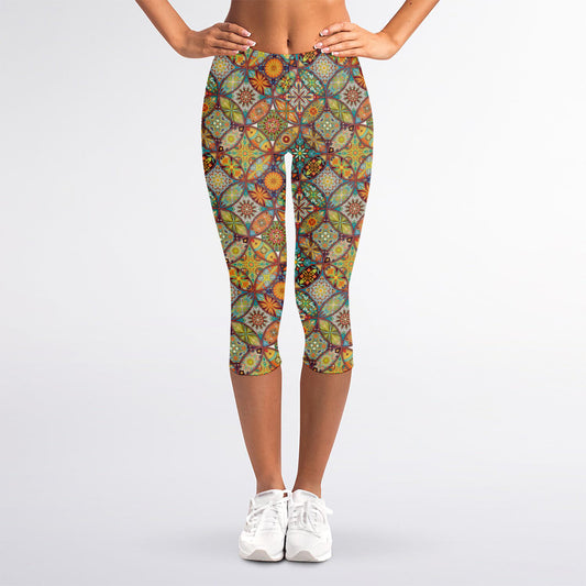 Ethnic Mandala Patchwork Pattern Print Women's Capri Leggings