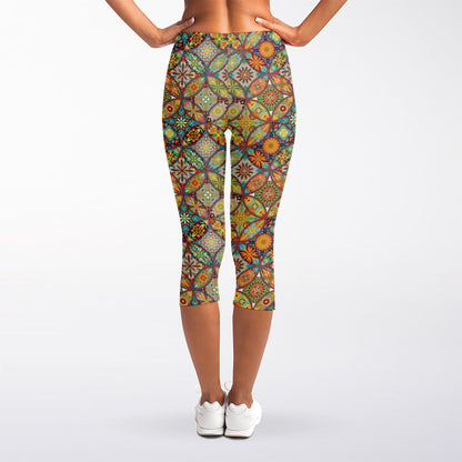 Ethnic Mandala Patchwork Pattern Print Women's Capri Leggings