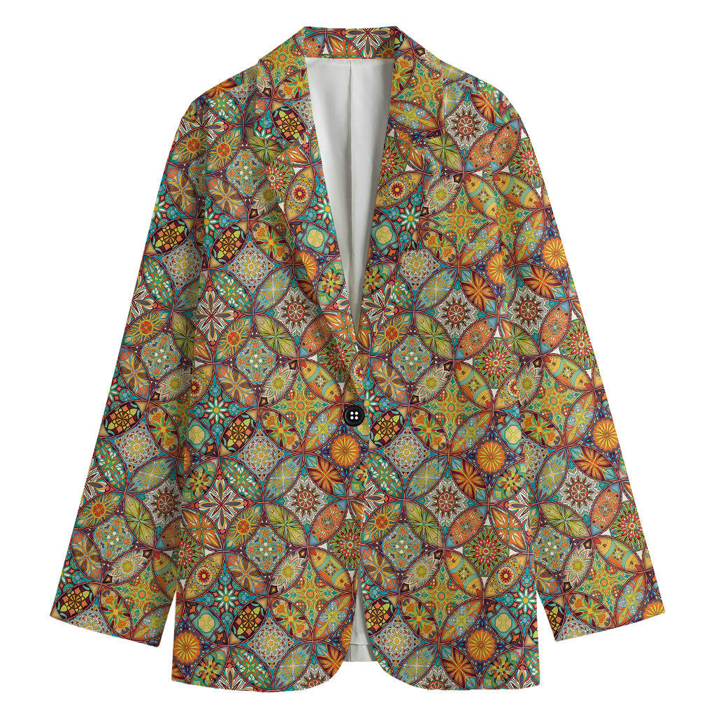 Ethnic Mandala Patchwork Pattern Print Women's Cotton Blazer