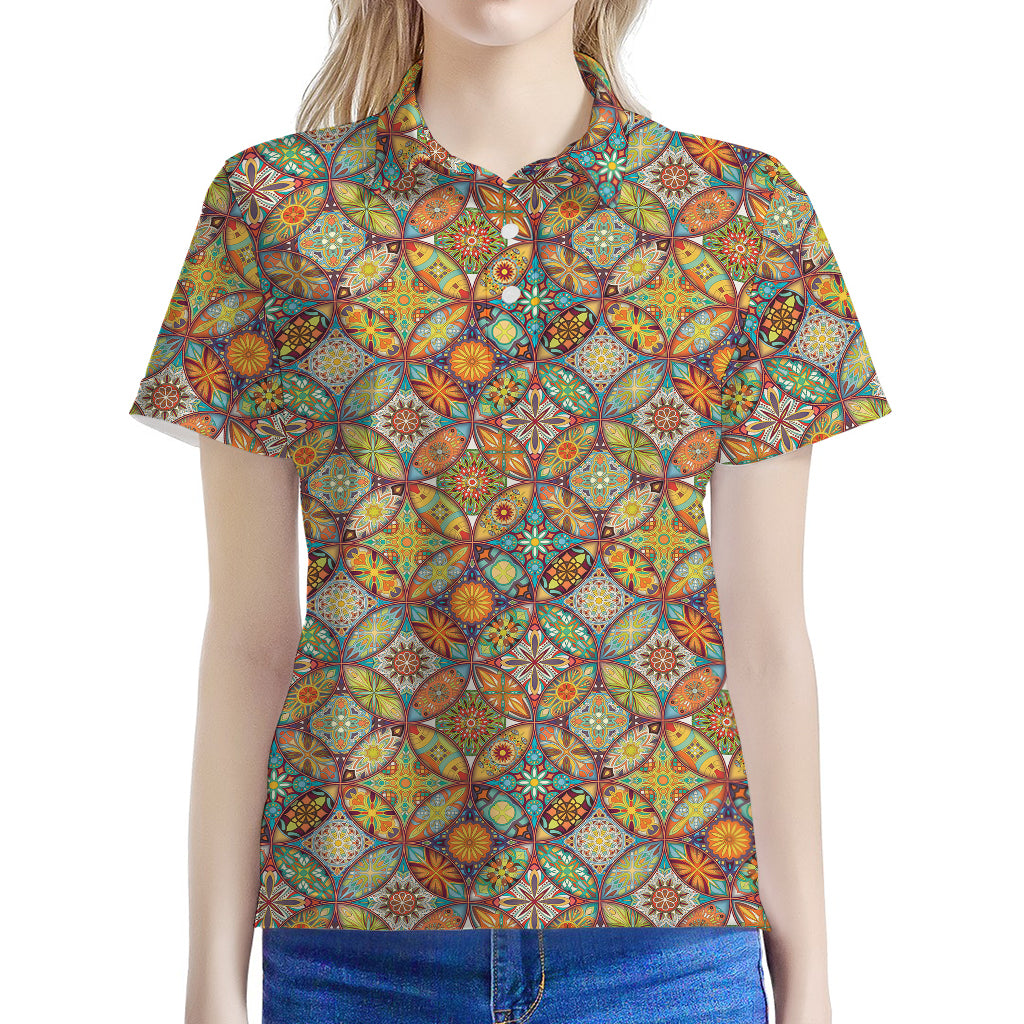 Ethnic Mandala Patchwork Pattern Print Women's Polo Shirt