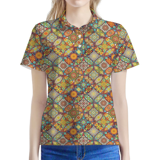 Ethnic Mandala Patchwork Pattern Print Women's Polo Shirt