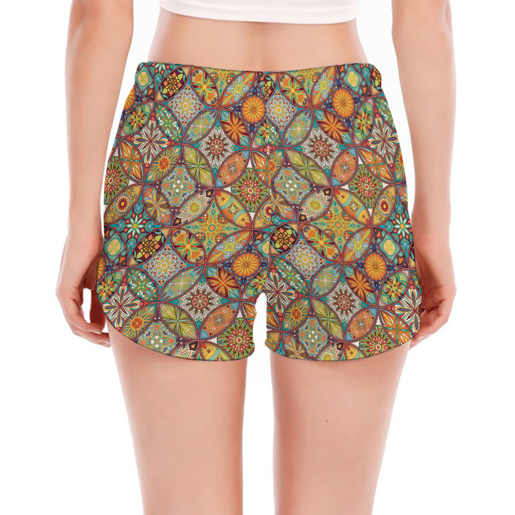 Ethnic Mandala Patchwork Pattern Print Women's Split Running Shorts