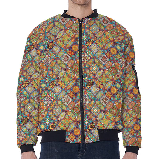 Ethnic Mandala Patchwork Pattern Print Zip Sleeve Bomber Jacket