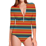 Ethnic Mexican Blanket Pattern Print Long Sleeve Swimsuit