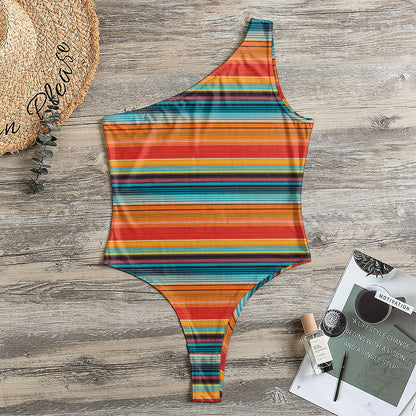 Ethnic Mexican Blanket Pattern Print One Shoulder Bodysuit