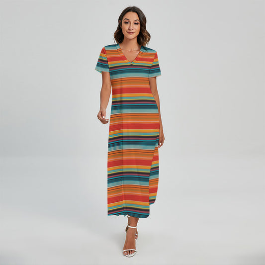 Ethnic Mexican Blanket Pattern Print Short Sleeve Maxi Dress