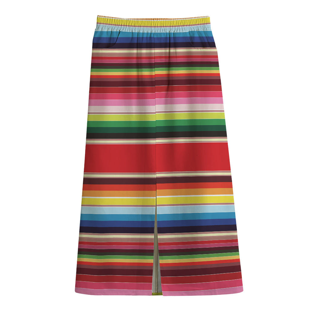 Ethnic Mexican Blanket Stripe Print Cotton Front Slit Maxi Skirt