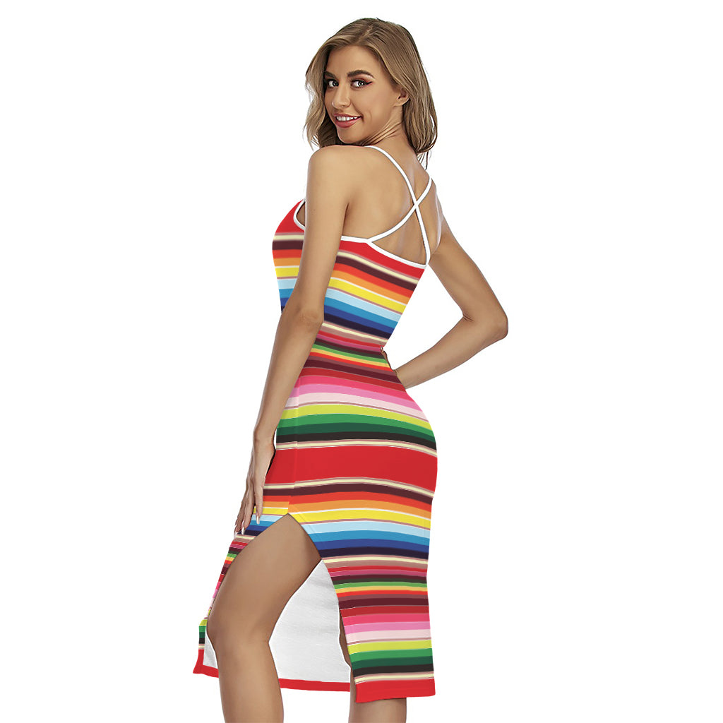 Ethnic Mexican Blanket Stripe Print Cross Back Cami Dress