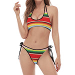Ethnic Mexican Blanket Stripe Print Halter Scoop Tie Side Bikini
