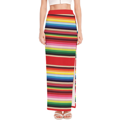 Ethnic Mexican Blanket Stripe Print High Slit Maxi Skirt