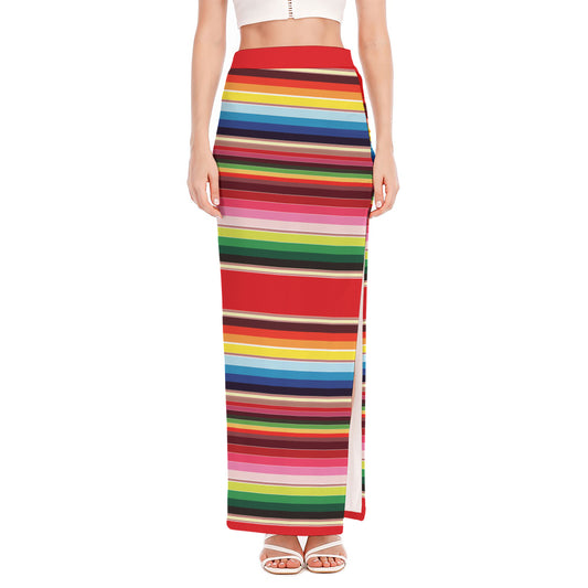 Ethnic Mexican Blanket Stripe Print High Slit Maxi Skirt