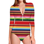 Ethnic Mexican Blanket Stripe Print Long Sleeve Swimsuit