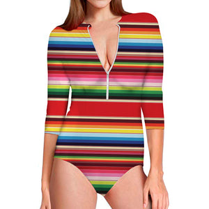 Ethnic Mexican Blanket Stripe Print Long Sleeve Swimsuit