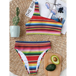 Ethnic Mexican Blanket Stripe Print One Shoulder Bikini Top