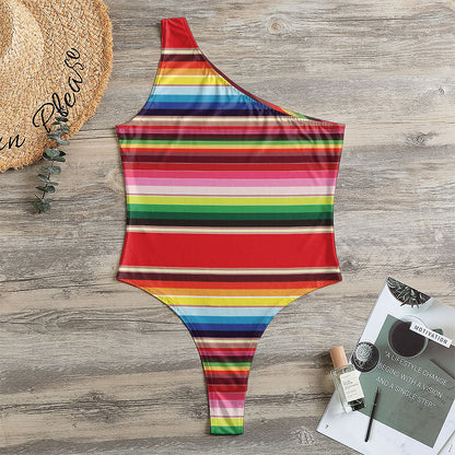 Ethnic Mexican Blanket Stripe Print One Shoulder Bodysuit