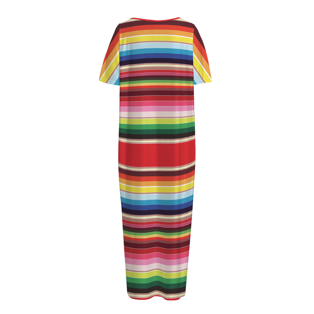 Ethnic Mexican Blanket Stripe Print Short Sleeve Long Nightdress