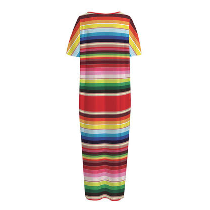 Ethnic Mexican Blanket Stripe Print Short Sleeve Long Nightdress