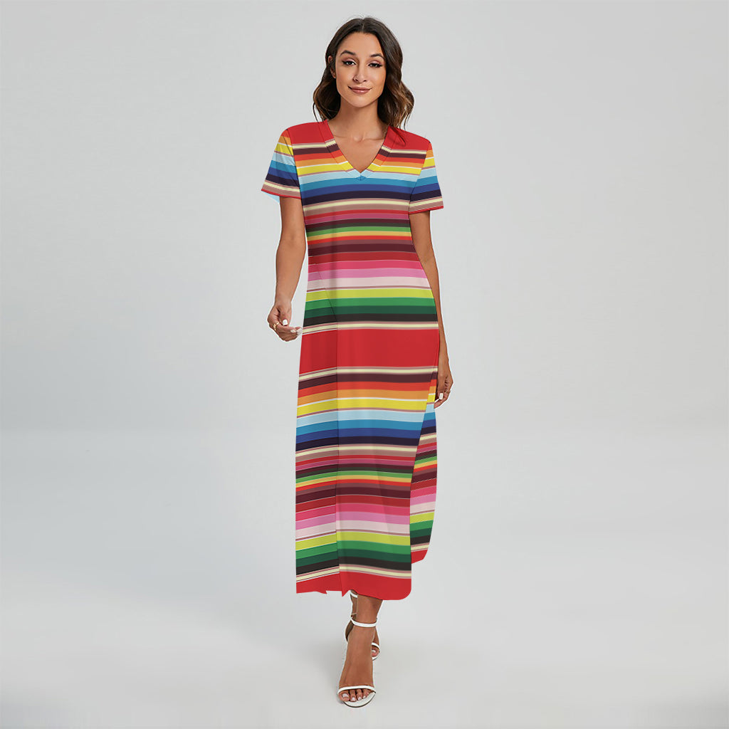 Ethnic Mexican Blanket Stripe Print Short Sleeve Maxi Dress