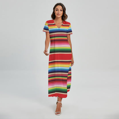Ethnic Mexican Blanket Stripe Print Short Sleeve Maxi Dress