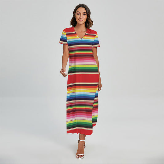 Ethnic Mexican Blanket Stripe Print Short Sleeve Maxi Dress