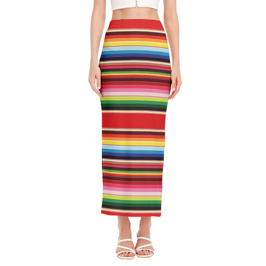 Ethnic Mexican Blanket Stripe Print Side Slit Maxi Skirt