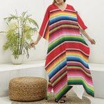Ethnic Mexican Blanket Stripe Print Silk V-Neck Kaftan Dress