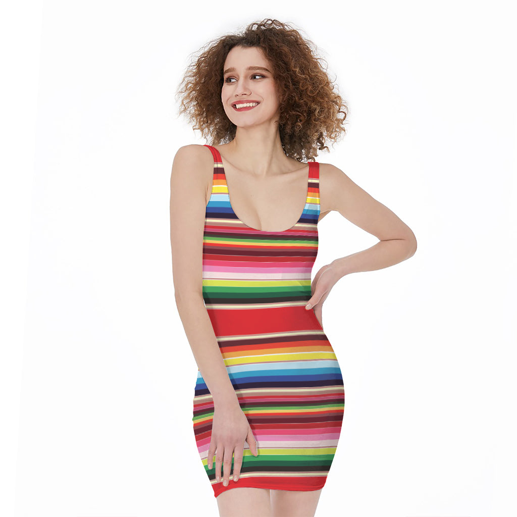 Ethnic Mexican Blanket Stripe Print Sleeveless Bodycon Dress