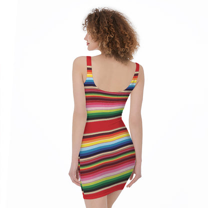 Ethnic Mexican Blanket Stripe Print Sleeveless Bodycon Dress