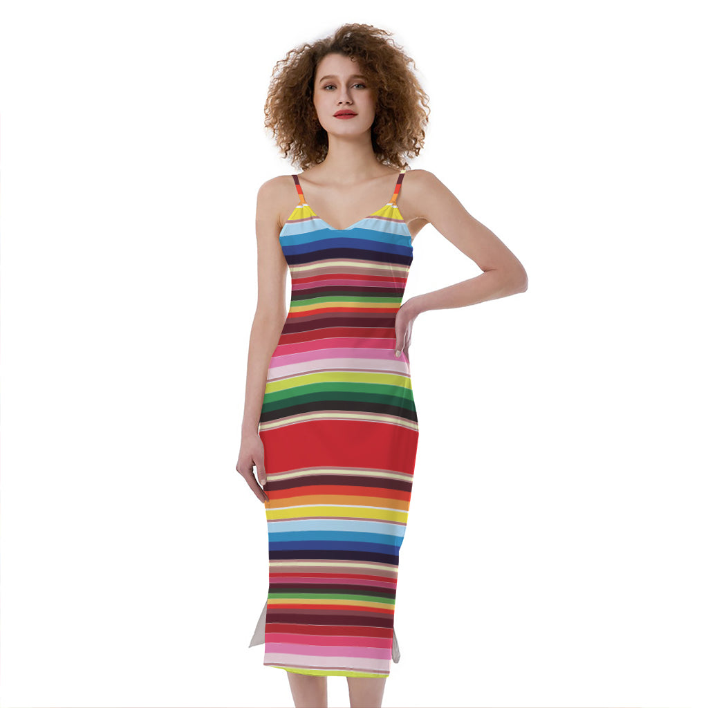 Ethnic Mexican Blanket Stripe Print Slim Fit Midi Cami Dress
