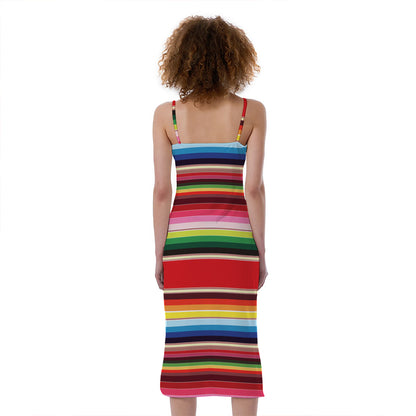 Ethnic Mexican Blanket Stripe Print Slim Fit Midi Cami Dress