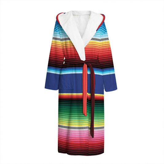 Ethnic Mexican Serape Pattern Print Hooded Bathrobe
