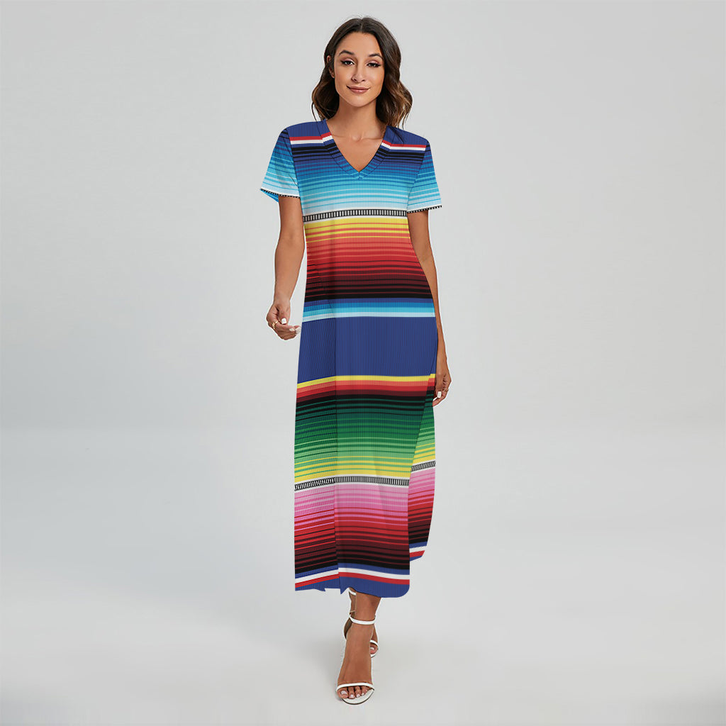 Ethnic Mexican Serape Pattern Print Short Sleeve Maxi Dress