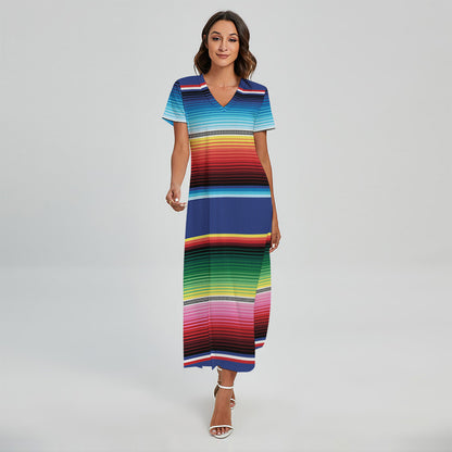 Ethnic Mexican Serape Pattern Print Short Sleeve Maxi Dress