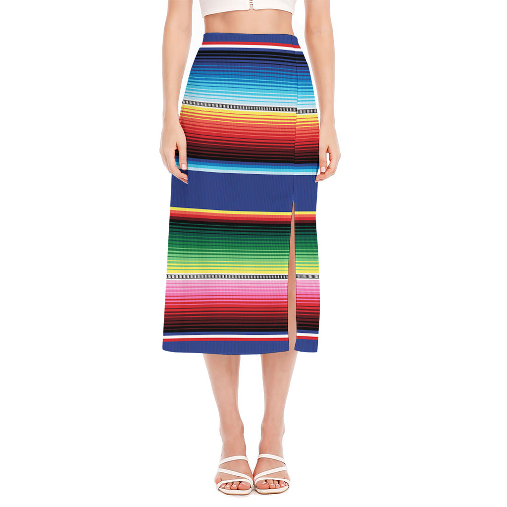 Ethnic Mexican Serape Pattern Print Side Slit Midi Skirt